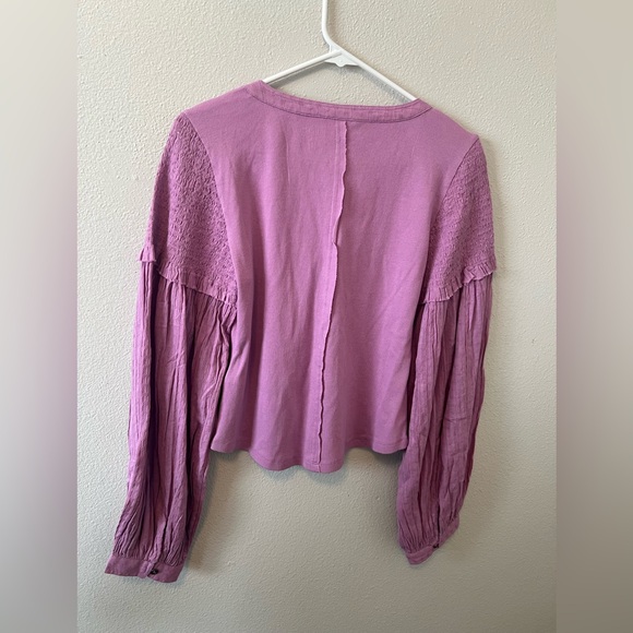 Anthropologie Pilcro The Andie Ribbed Henley Top Balloon Sleeve Smocked Purple - Picture 6 of 6